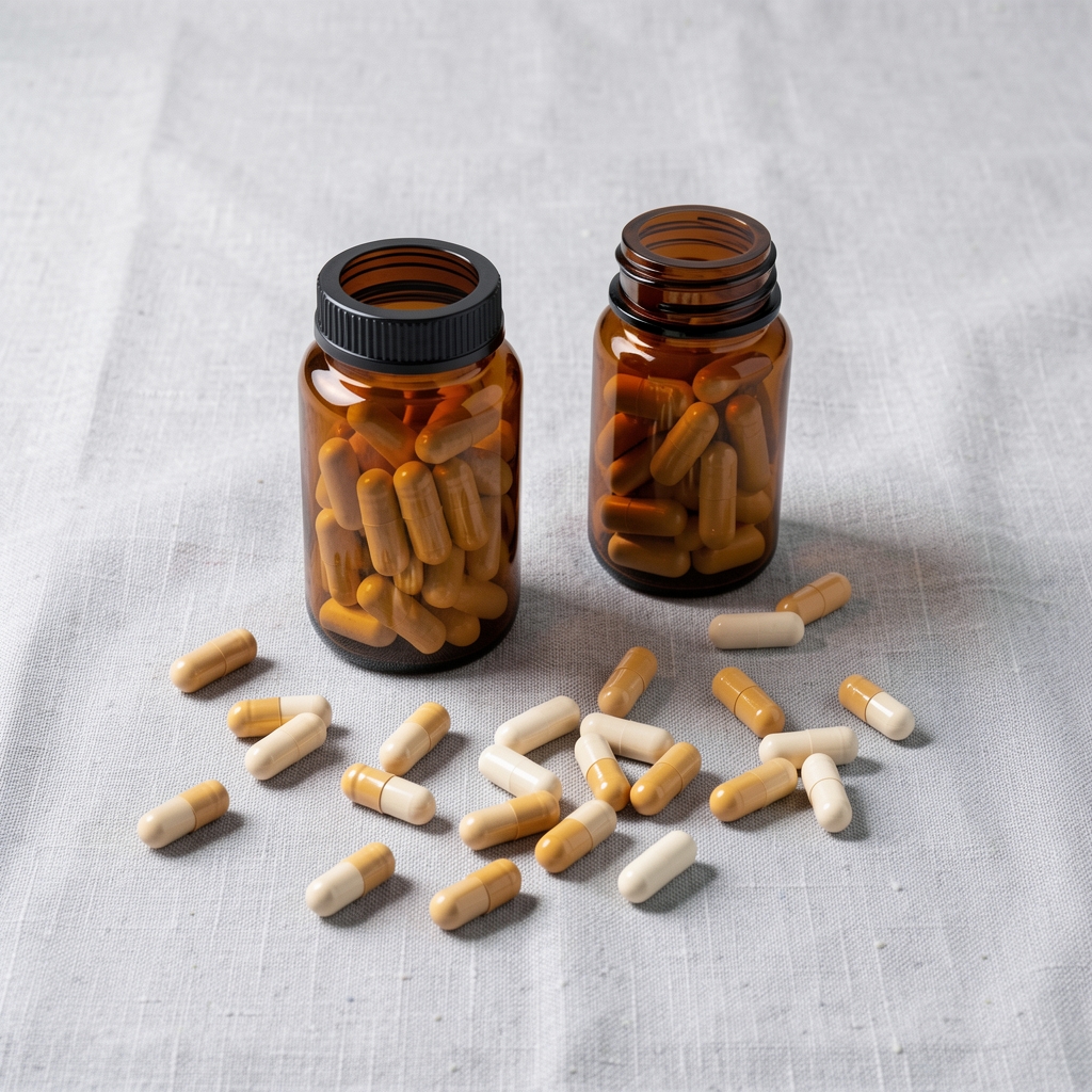 Editorial arrangement of amber glass supplement bottles and scattered vitamin capsules on a pale grey linen surface with soft overhead lighting