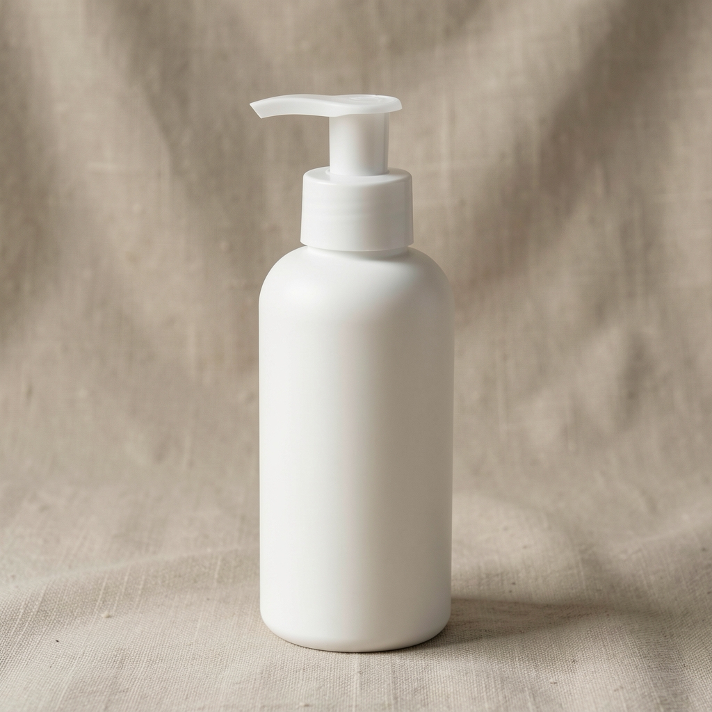 White pump-top body lotion bottle against neutral linen background, clean product photography with soft side lighting