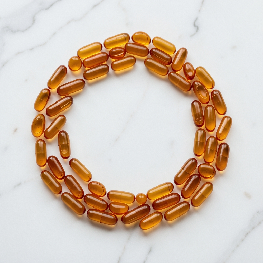 Small amber supplement capsules arranged in a loose circle on a white marble surface, overhead editorial photograph